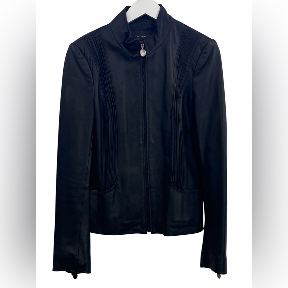 Tahari Black Lamb Leather Jacket Women’s Large Soft Minimalist Zip Moto Classic